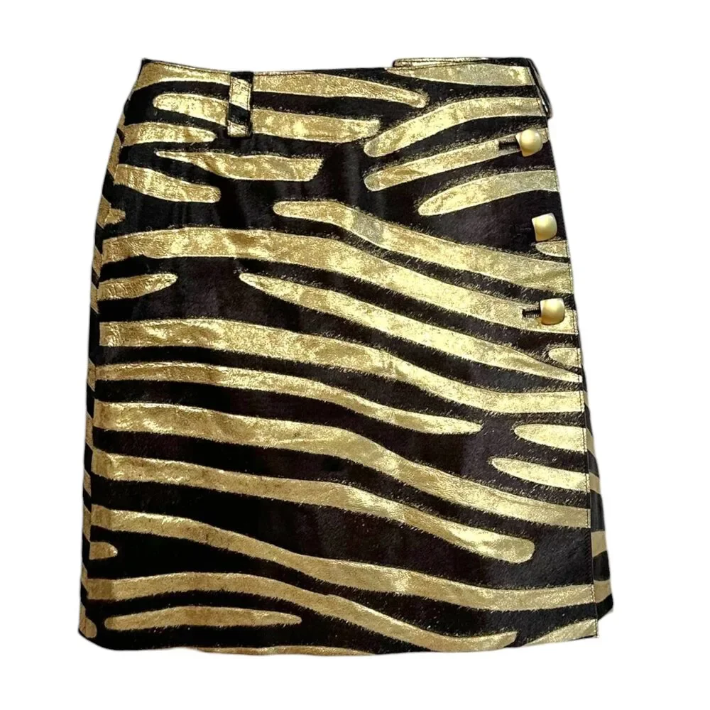 Chanel Cruise 2001 Gold Metallic & Brown Zebra Print Ponyhair Mini Skirt